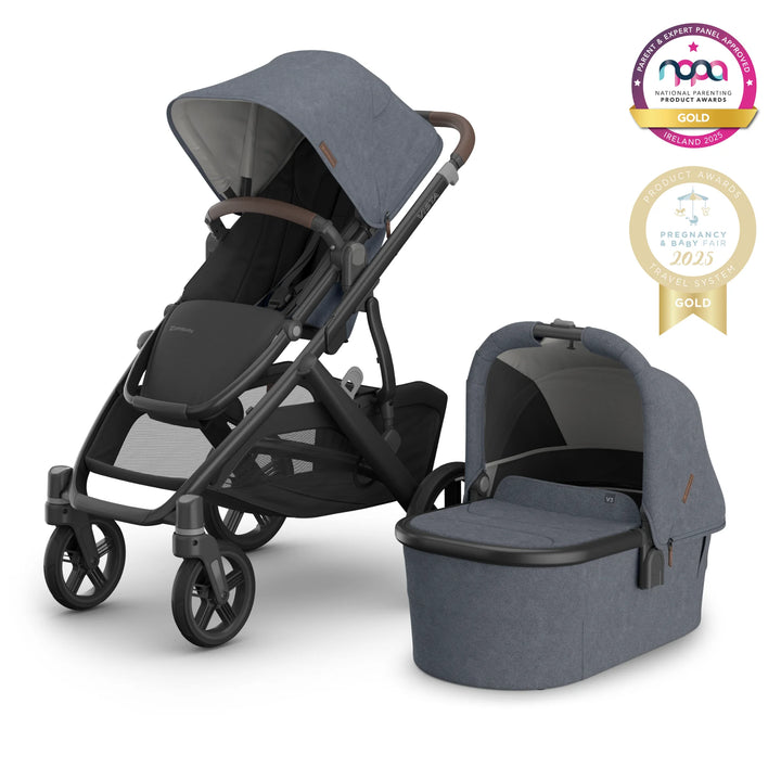 UPPAbaby Vista V2 stroller and bassinet in Gregory Blue Melange, luxury double travel system for newborns and toddlers, all-terrain pram with large storage basket – Gold Winner 2025 National Parenting Product Awards and Pregnancy & Baby Fair.