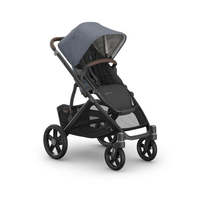 UPPAbaby Vista V3 stroller in Jullian blue shown angled in a studio product photo, featuring the forward-facing toddler seat, extendable canopy, leather bumper bar, large all-terrain wheels and spacious under-seat storage on the premium Vista travel system.