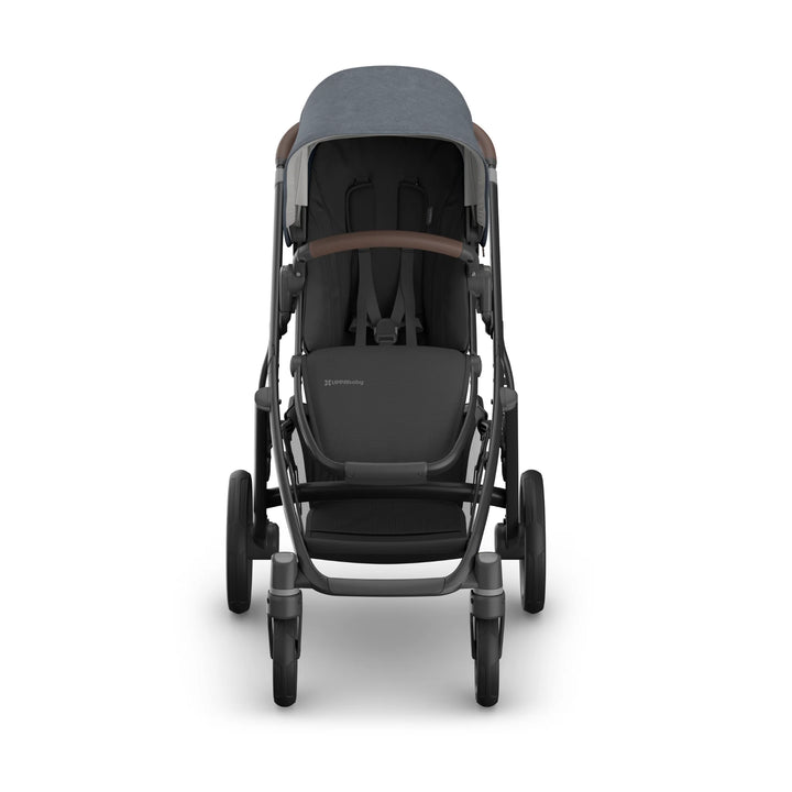 Front view of the UPPAbaby Vista V3 stroller in Jullian blue, showing the toddler seat, adjustable canopy, leather bumper bar and robust all-terrain wheels on the premium Vista travel system.
