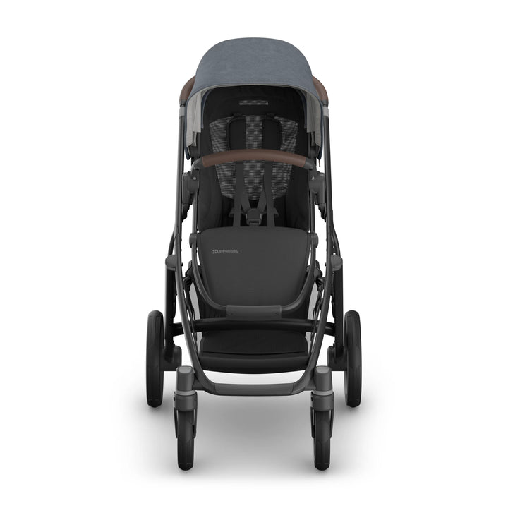 Front-facing view of the UPPAbaby Vista V3 stroller in Jullian blue, featuring the padded toddler seat, adjustable canopy, leather bumper bar and robust all-terrain wheel design on the premium Vista travel system.