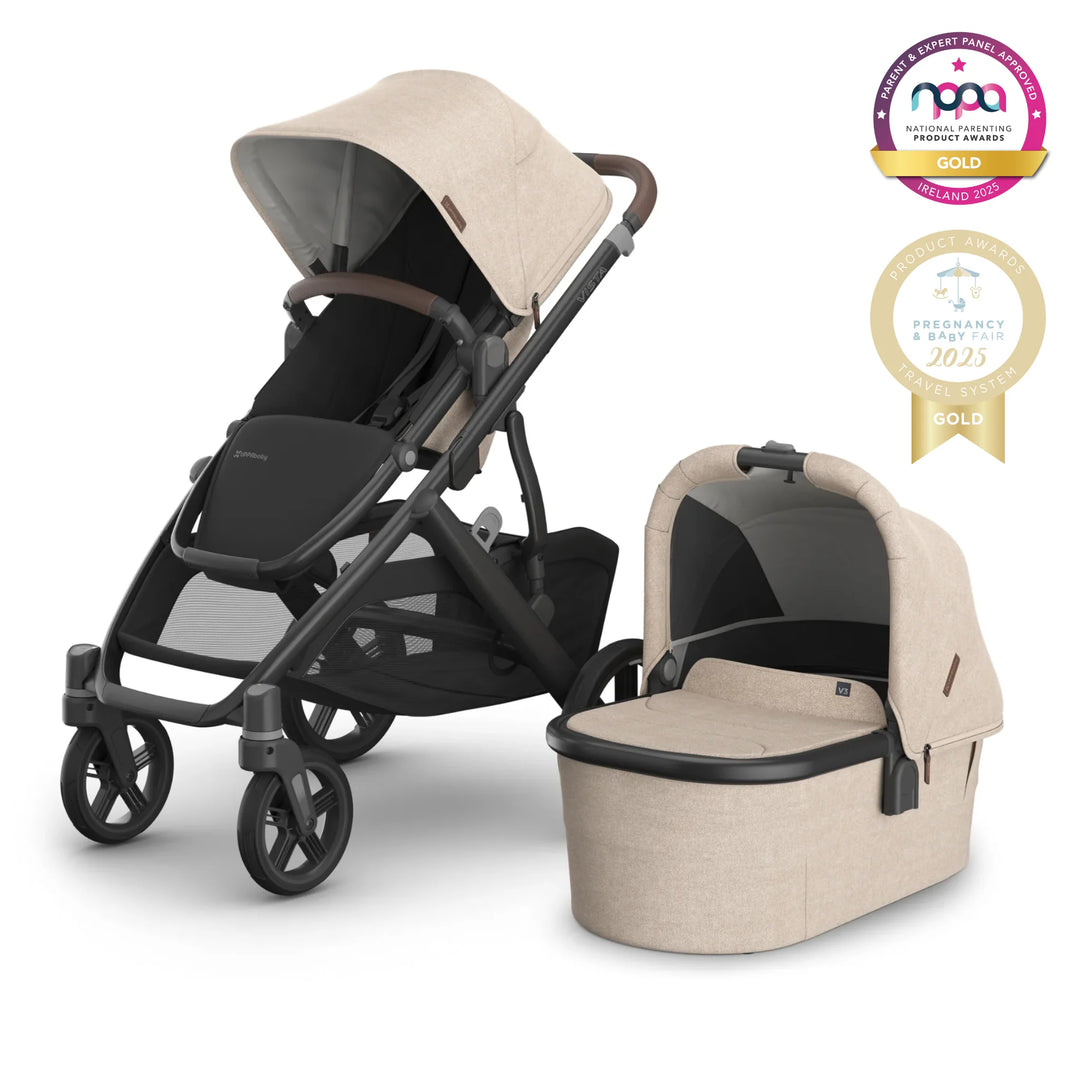 UPPAbaby Vista V2 stroller and carrycot in Declan oat mélange with graphite frame and premium leather details, winner of 2025 National Parenting Product Award and Pregnancy & Baby Fair Gold Award, luxury travel system for newborns and toddlers.