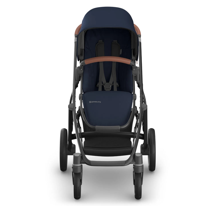 Front view of the UPPAbaby Vista V3 stroller in the Noa navy blue colourway, featuring the premium leather-accented bumper bar, padded toddler seat, adjustable harness and durable all-terrain frame.