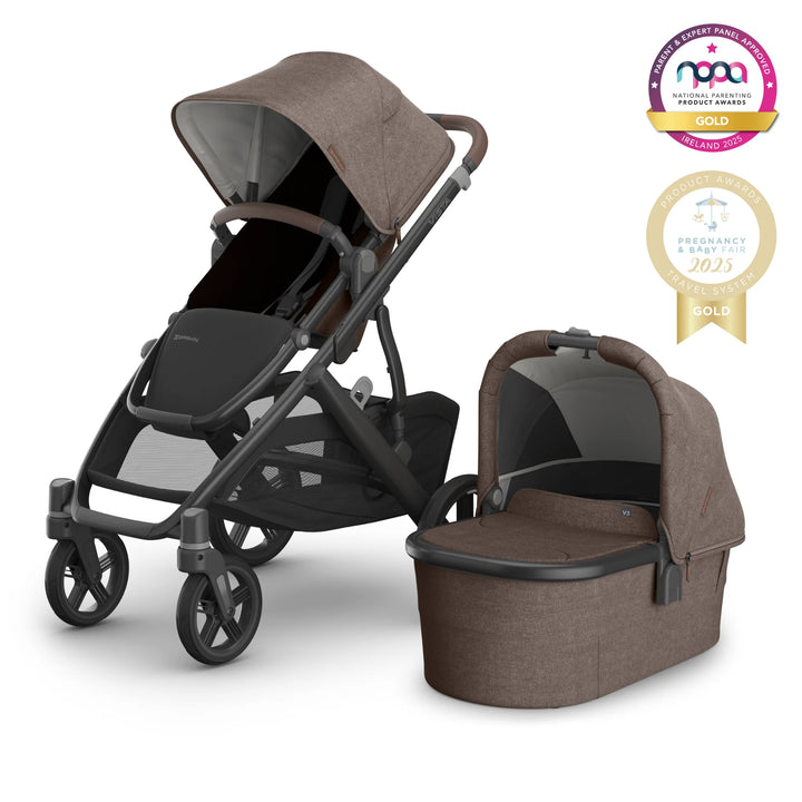 UPPAbaby VISTA V2 stroller and bassinet in hazel brown with graphite frame, featuring leather accents, large underseat basket, and award-winning travel system – luxury baby pram with newborn bassinet and toddler seat, Pregnancy & Baby Fair 2025 Gold Winner.