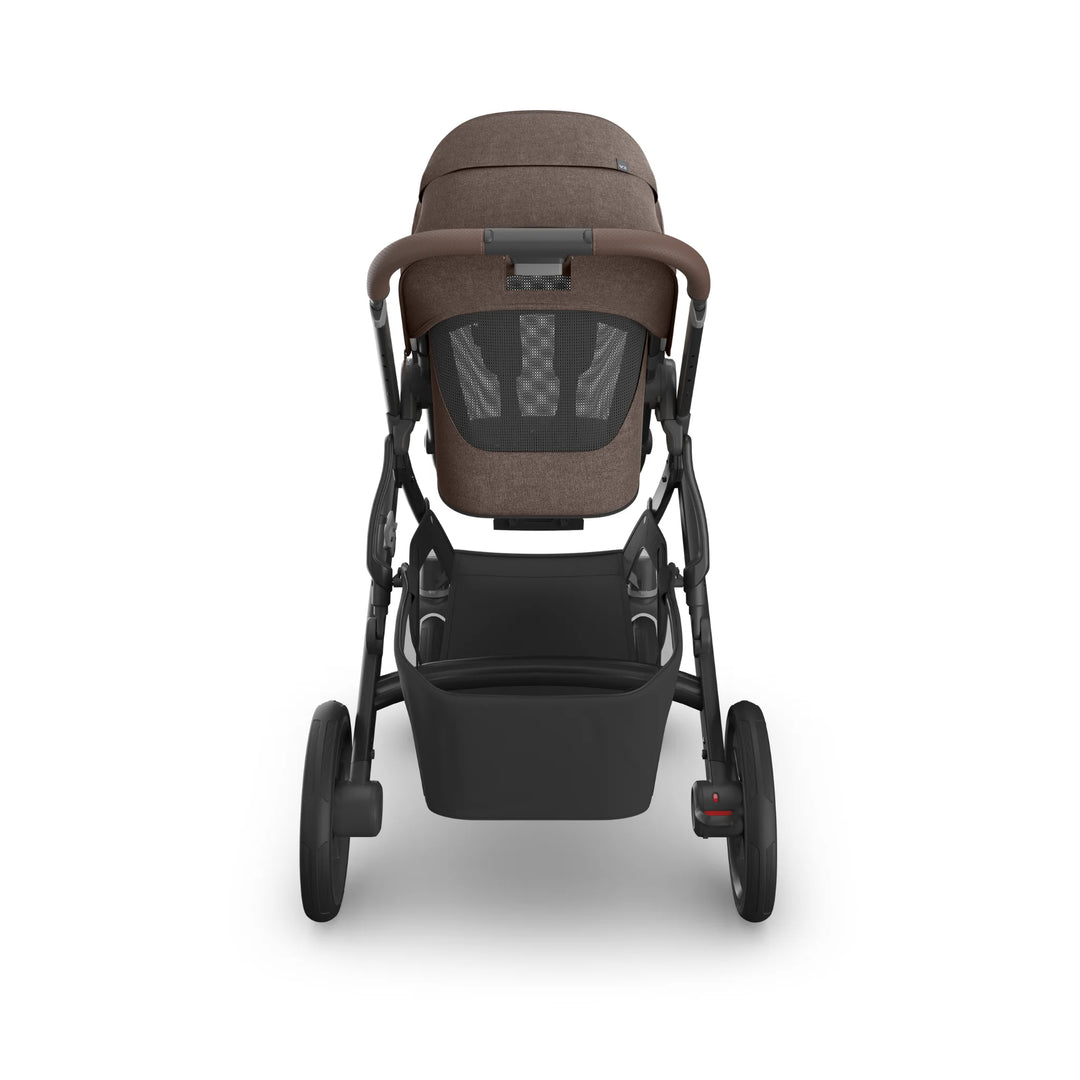 Rear view of the UPPAbaby Vista V3 stroller in Owen, featuring the brown textured canopy, breathable mesh toddler seat panel, leather-accented handlebar, large rear wheels and spacious under-seat storage basket on the premium Vista travel system