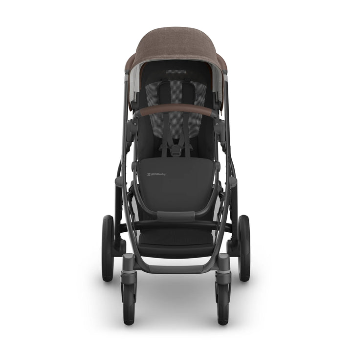 Front view of the UPPAbaby Vista V3 stroller in Owen, featuring the brown textured canopy, leather bumper bar, ventilated toddler seat, durable all-terrain wheels and premium Vista travel system design.