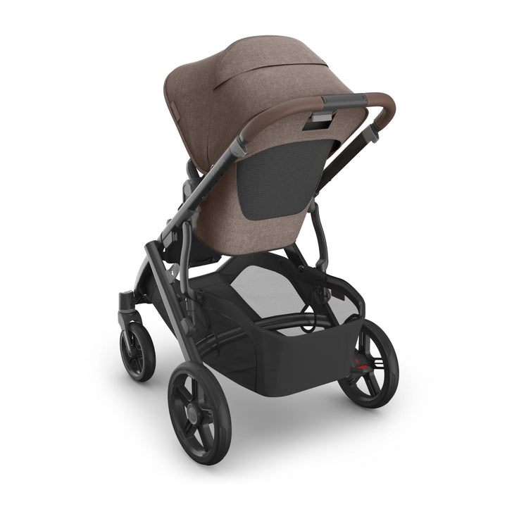 Rear view of UPPAbaby Vista V3 Owen stroller showcasing the brown canopy, ventilated mesh back panel, leather-accented handlebar, black frame, large storage basket, and all-terrain wheels on a white background