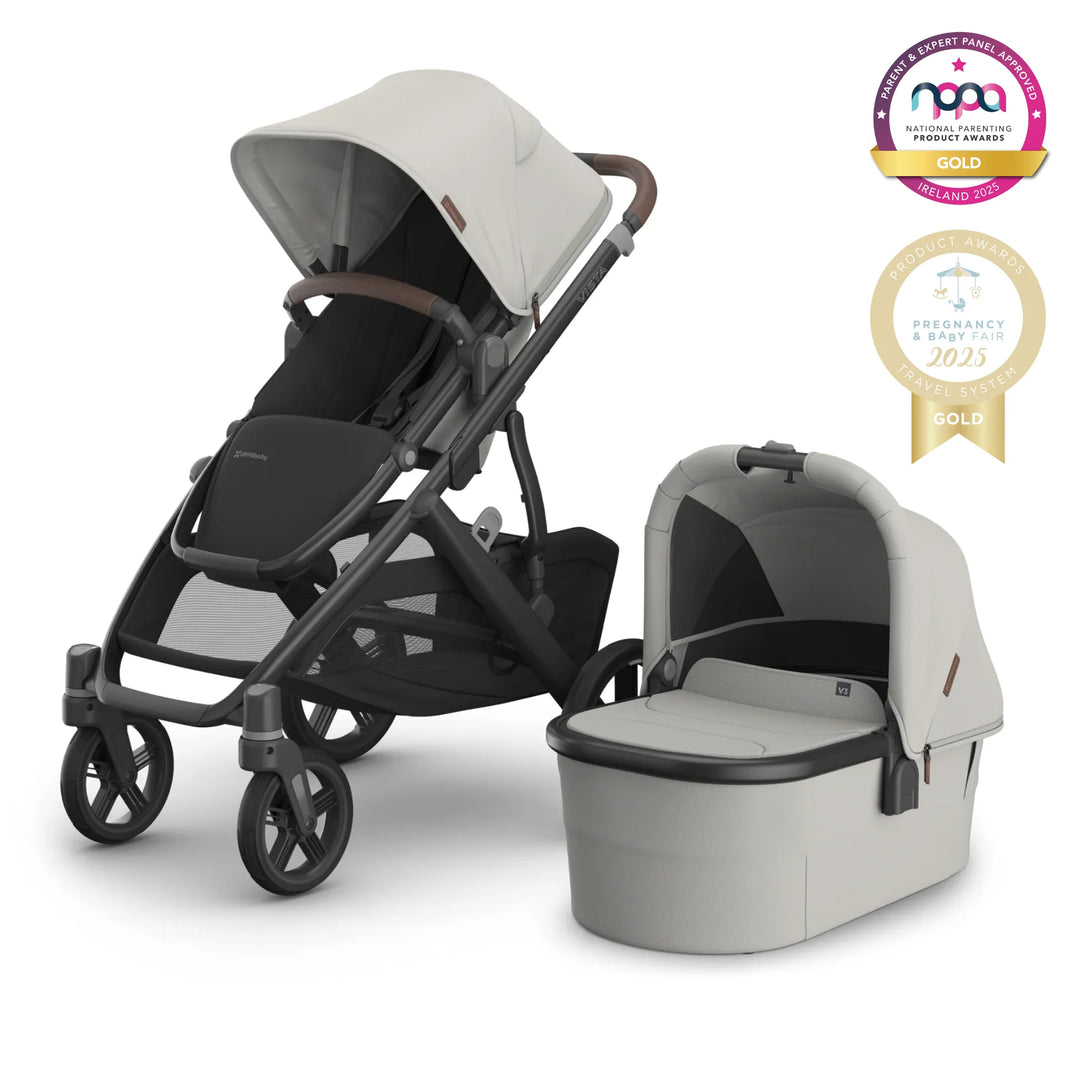 UPPAbaby VISTA V2 stroller in grey with coordinating carrycot, award-winning baby travel system with extendable canopy, ventilated bassinet, leather handlebar, large under-seat storage basket, and durable all-terrain wheels – premium pushchair for newborns and toddlers