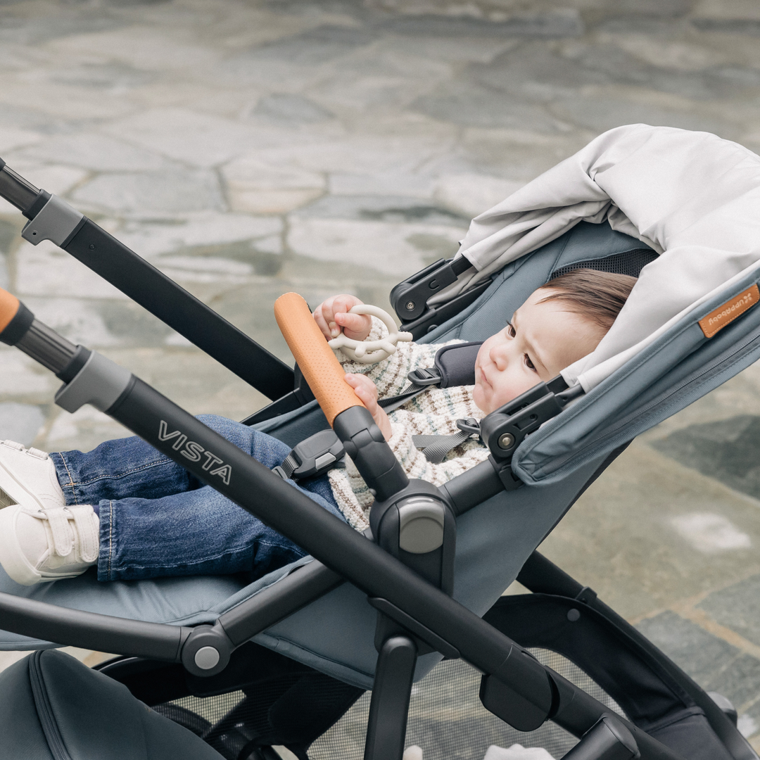 This image shows a toddler in the UPPAbaby Vista V3 in Dillan outdoors.