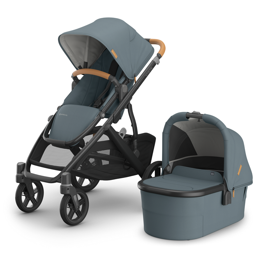 UPPAbaby Vista V3 Stroller in Dillan with sand leather handlebar and accents and Carrycot V3 on a white background.