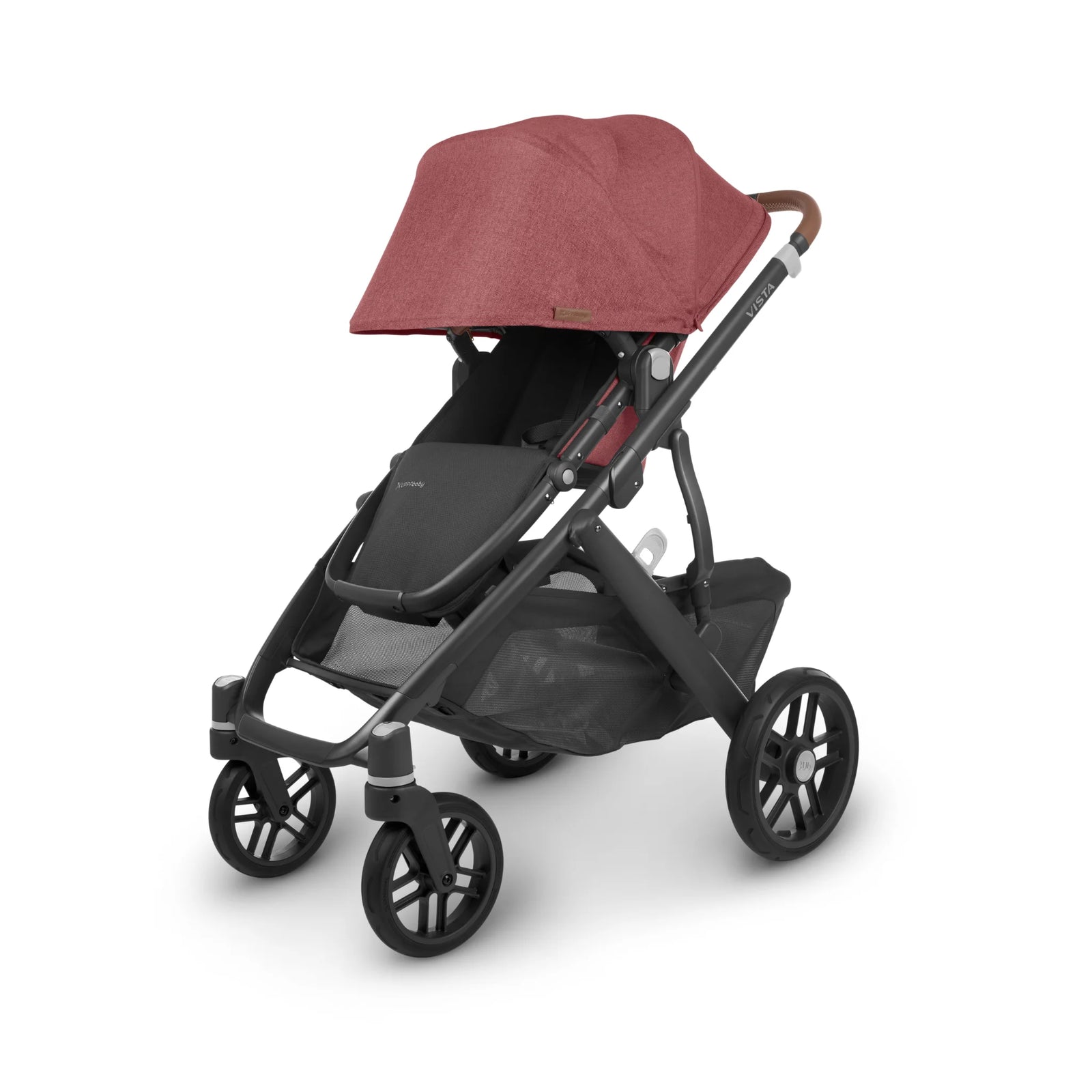 UPPAbaby Vista V2 Lucy stroller — premium convertible pushchair in rosewood canopy with black seat and leather handle, stylish baby stroller designed for comfort, versatility, and modern family travel.