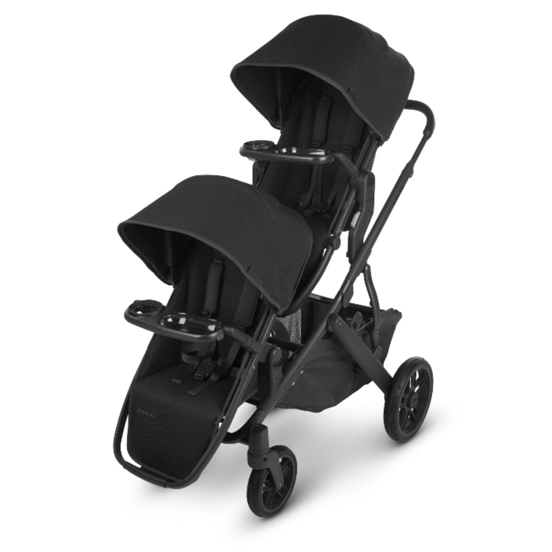 UPPAbaby Vista and Cruz Snack Tray accessory installed on RumbleSeat in double stroller configuration, black, on white background