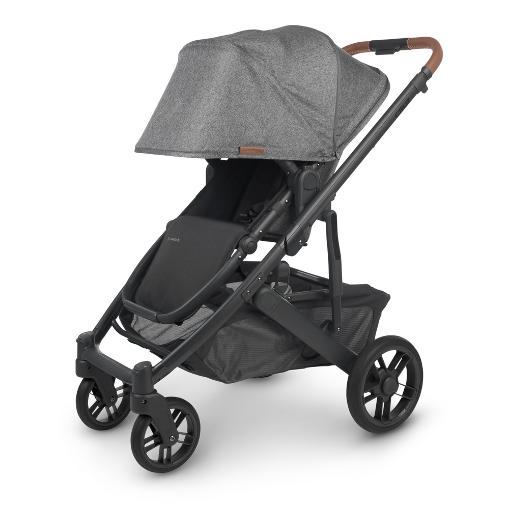 UPPAbaby Cruz V2 pushchair angled left with the extendable UPF 50+ canopy fully extended.