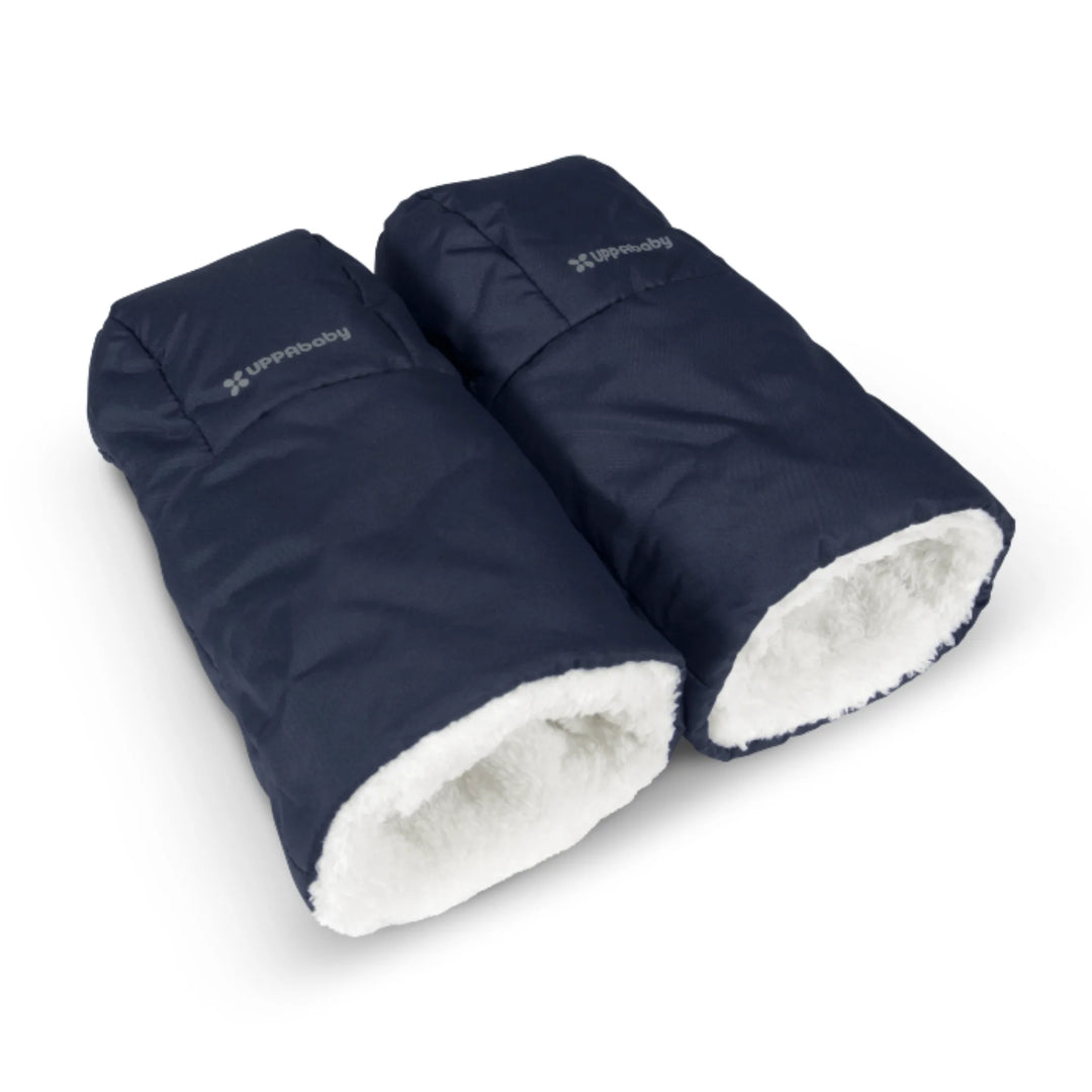 UPPAbaby Cozy Handmuffs in Noa navy, featuring soft fleece lining and insulated, windproof design to keep parents’ hands warm while pushing a stroller in cold weather.