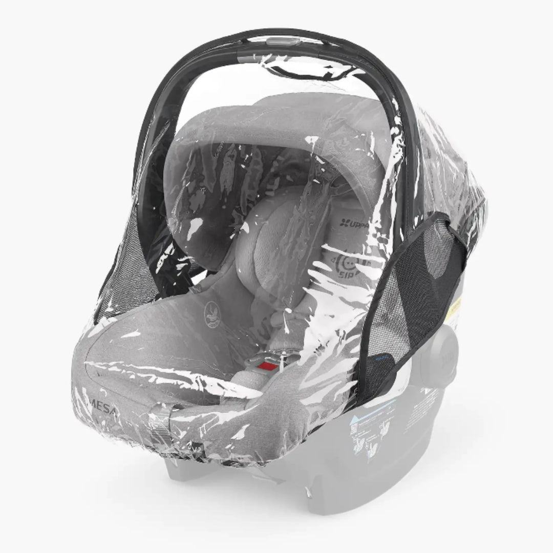 UPPAbaby MESA i-SIZE infant car seat with clear rain cover fitted