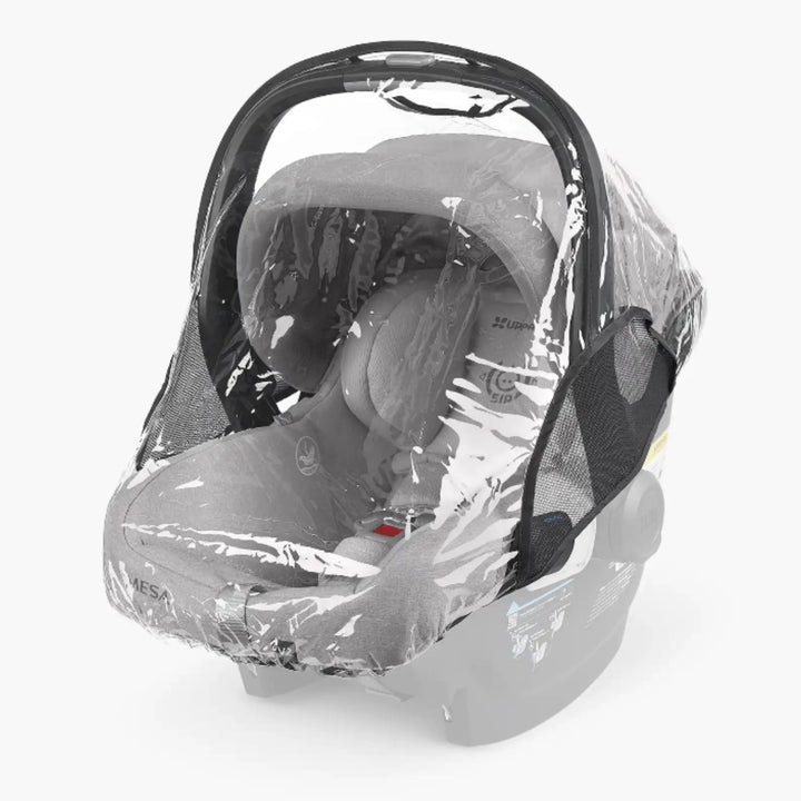 UPPAbaby MESA i-SIZE infant car seat with clear rain cover fitted