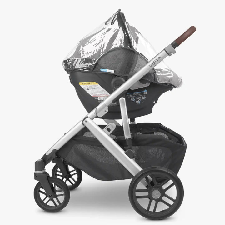 UPPAbaby VISTA stroller with MESA i-SIZE infant car seat and clear rain cover fitted