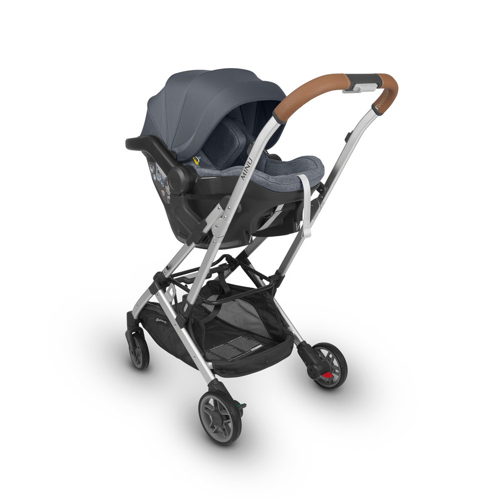 UPPAbaby Mesa iSize infant car seat with kid friendly fabrics and a UPF 25+ extendable canopy in Gregory. This is an image of the car seat on the Minu V2 chassis with adapters turning it into a travel system or a from birth solution