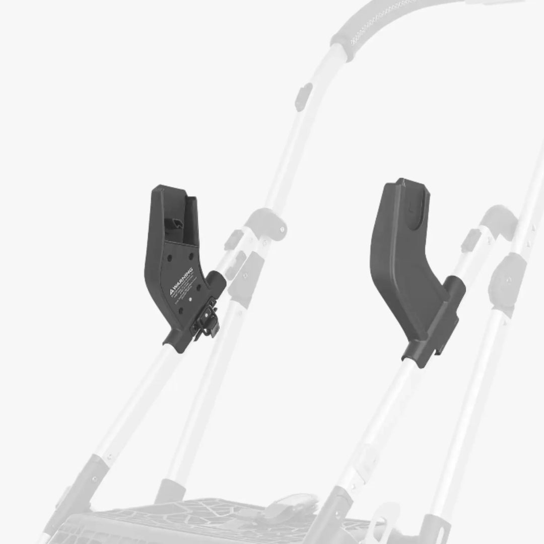 UPPAbaby MINU car seat adapters fitted to stroller frame for Maxi-Cosi, Nuna and Cybex infant car seats.
