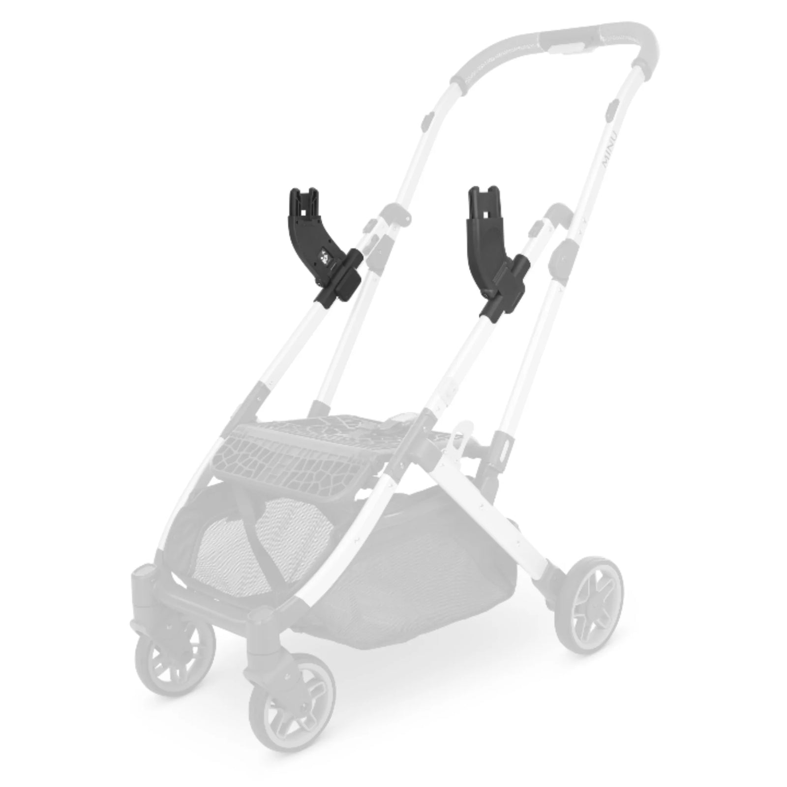 UPPAbaby MINU V2 car seat adapters installed on stroller frame for attaching UPPAbaby MESA infant car seat.