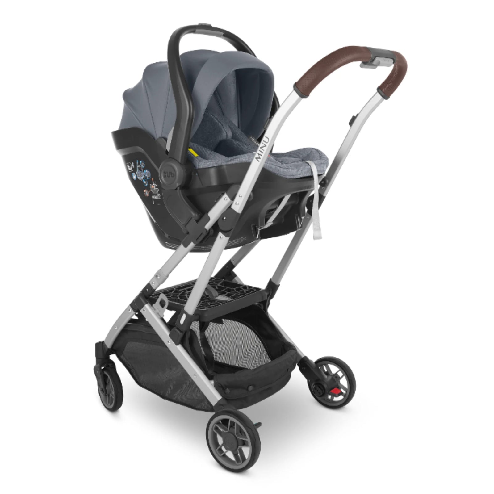UPPAbaby MINU V2 stroller with MESA infant car seat attached using car seat adapters, grey seat on silver frame with leather handlebar.