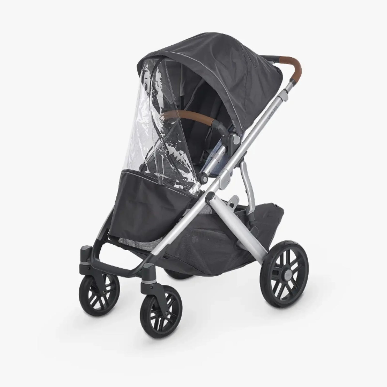 UPPAbaby performance rain shield fitted on Vista/Cruz stroller seat, clear weather cover for wind and rain protection.