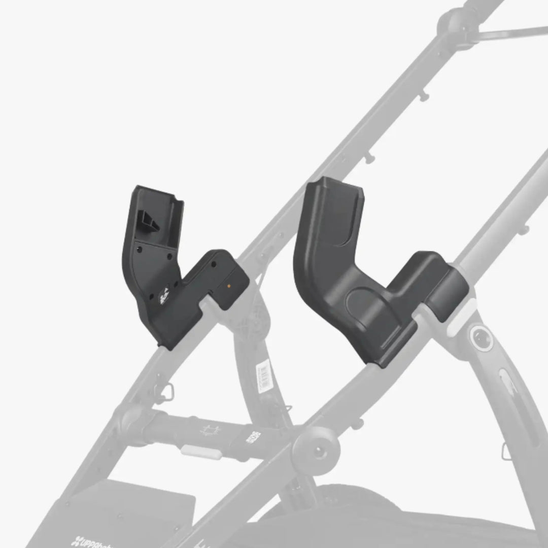 “UPPAbaby RIDGE stroller car seat adapters (Maxi-Cosi/Nuna/Cybex/Besafe compatible) installed on frame.