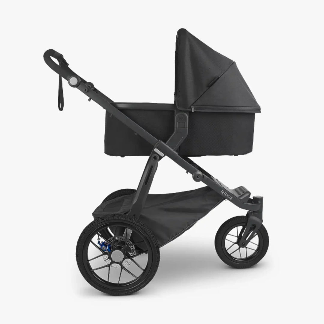 UPPAbaby RIDGE all-terrain stroller with carrycot (bassinet) and sun canopy, black.