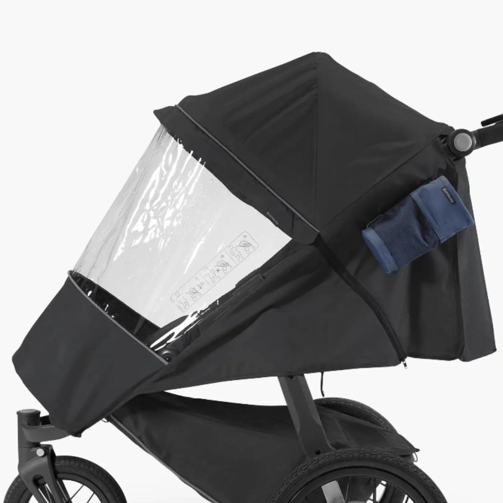 UPPAbaby RIDGE Performance Rain Shield fitted to stroller, clear waterproof zip-on cover with canopy for all-weather protection.