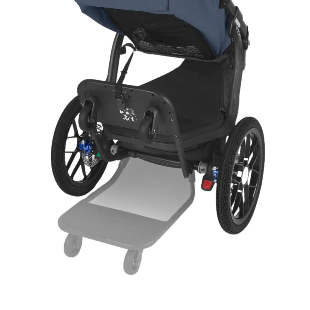 “UPPAbaby RIDGE stroller with PiggyBack ride-along board attached, rear view of buggy board accessory on white background”