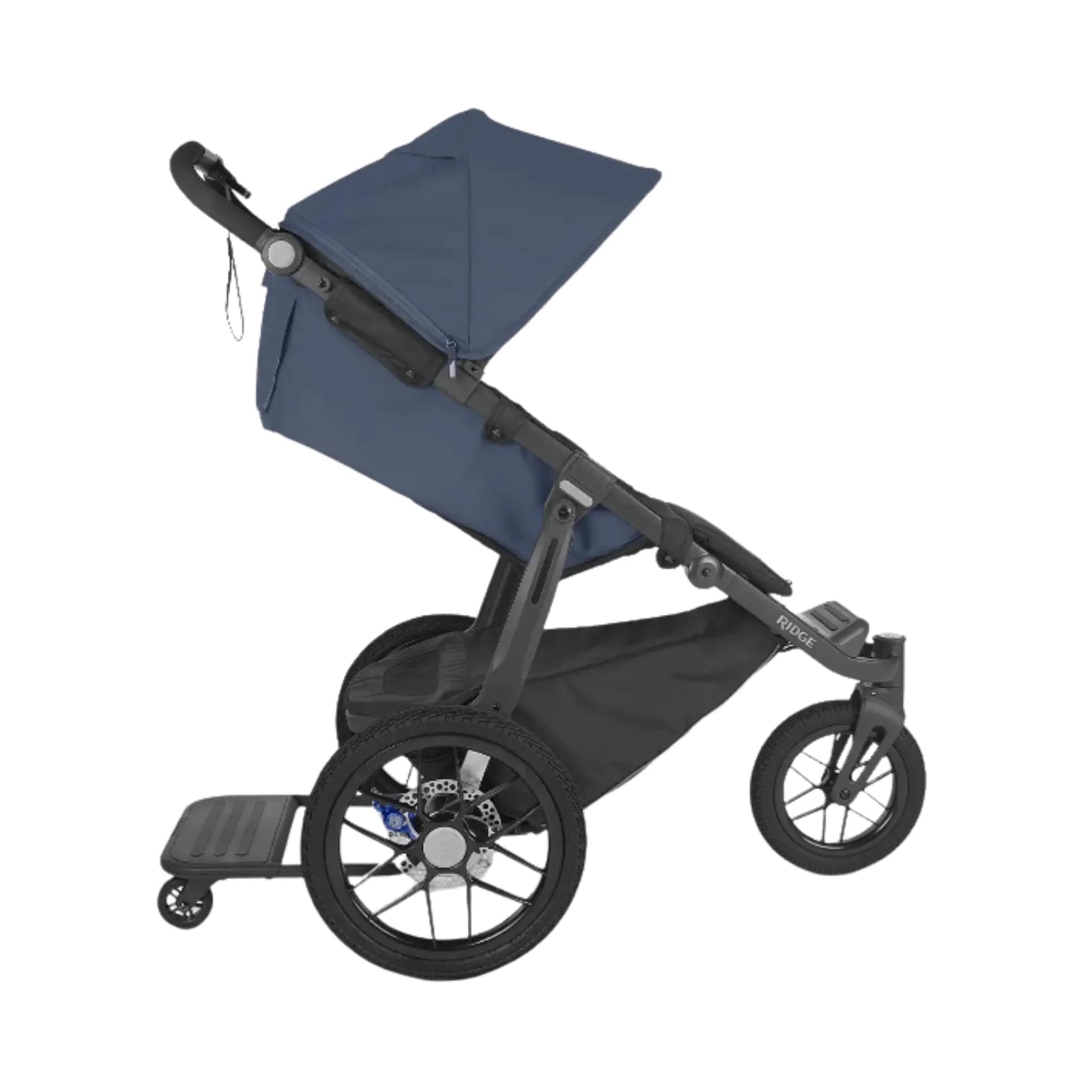 “UPPAbaby RIDGE jogging stroller with PiggyBack ride-along board attached, side view”