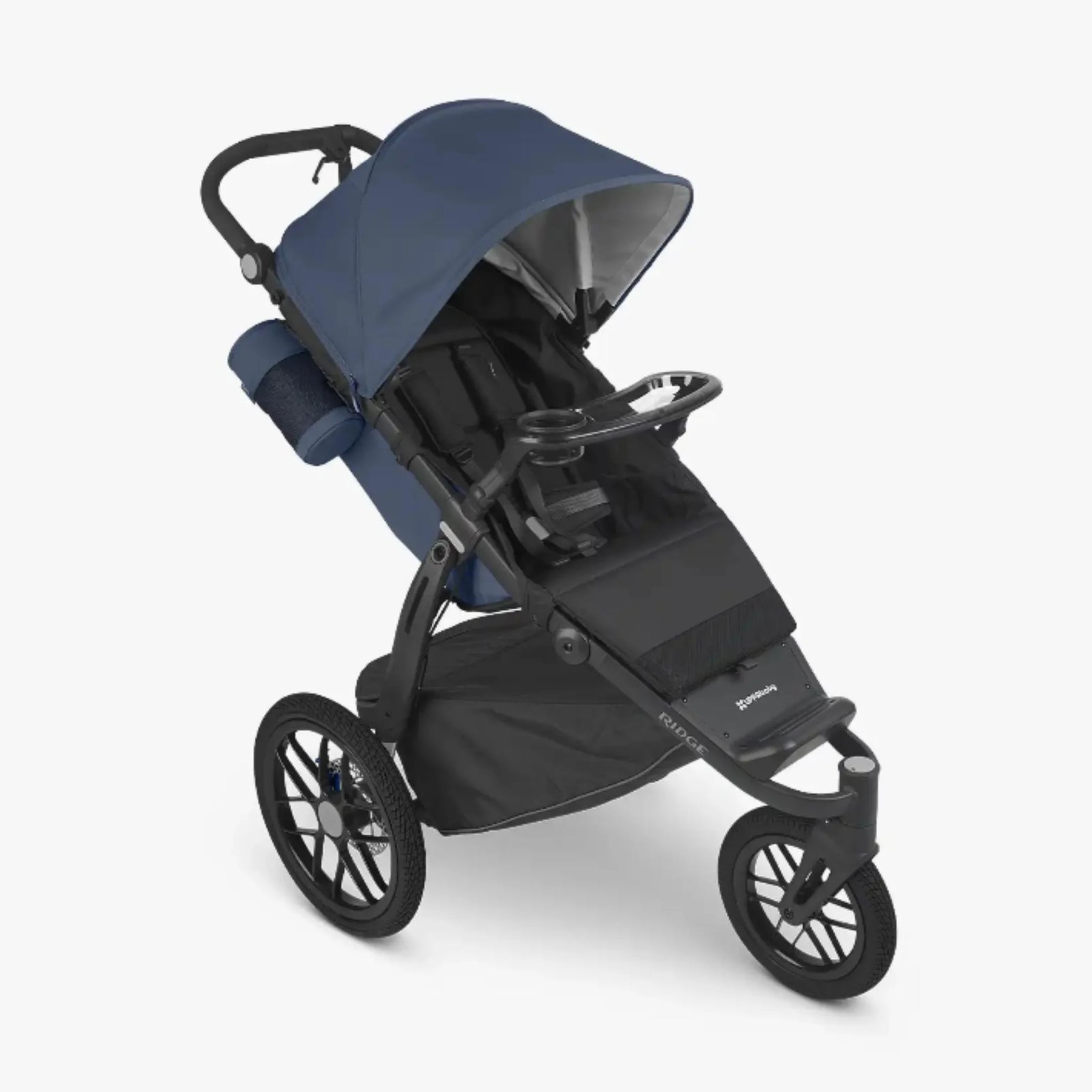 UPPAbaby RIDGE jogging stroller with snack tray and cup holder accessory attached, shown on a white background.