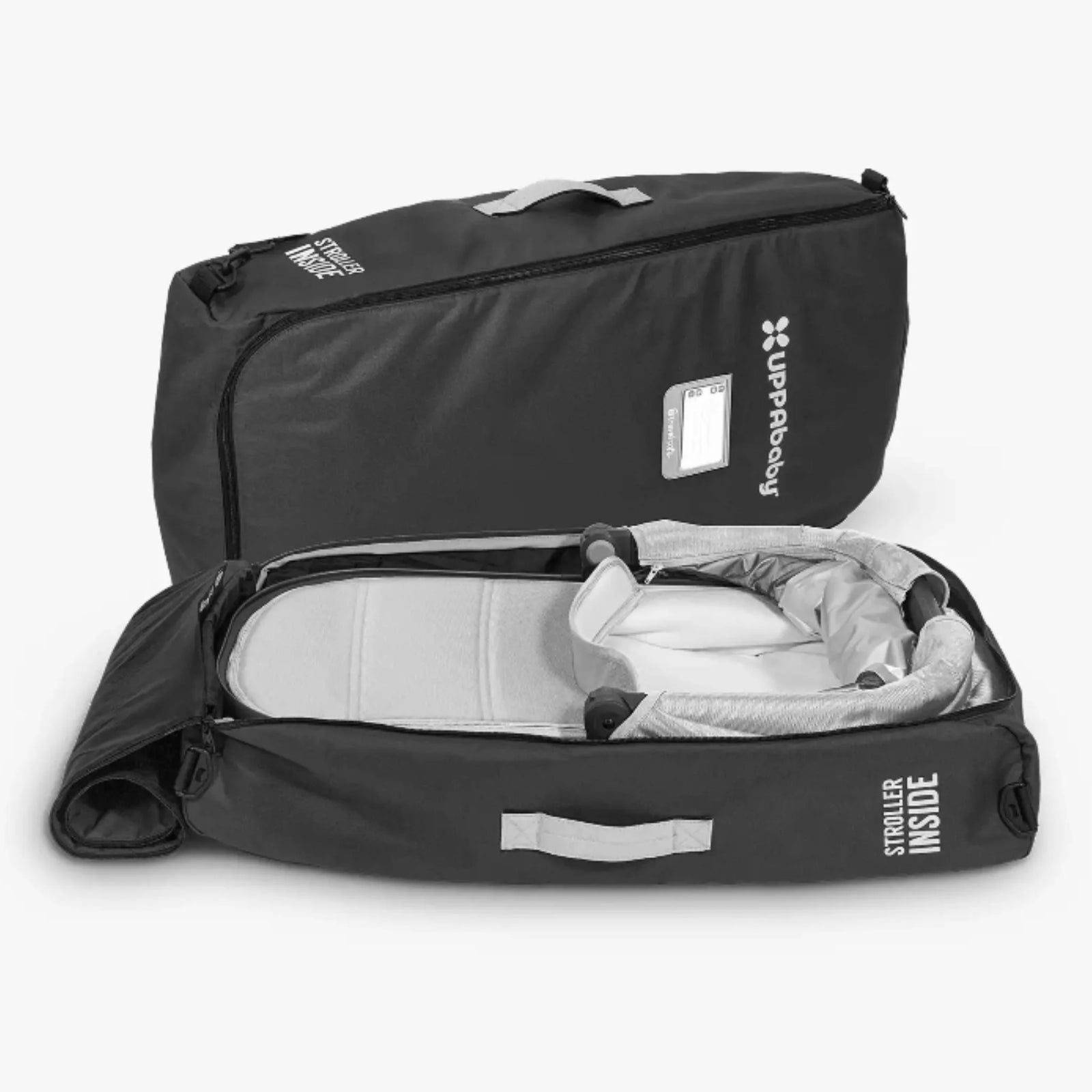 UPPAbaby travel bag for Carry Cot and RumbleSeat, shown open with carrycot inside on a white background.