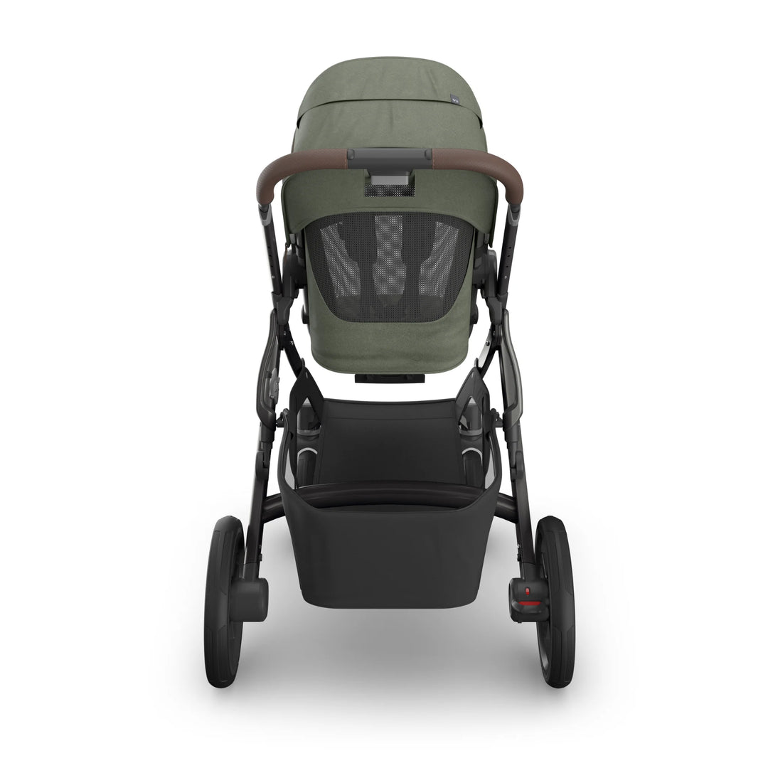 Rear view of the UPPAbaby Vista V3 stroller in the Evelyn colourway, highlighting the breathable mesh back panel, premium leather handlebar, large puncture-resistant wheels and extra-large under-seat storage basket. Luxury modular pushchair design displayed on a clean white background.