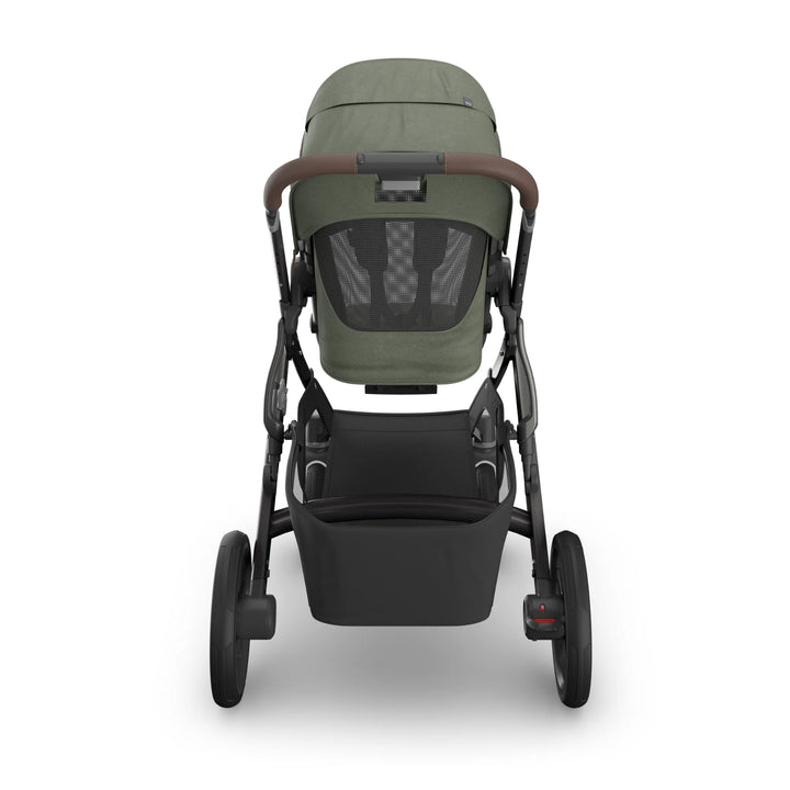 Rear view of the UPPAbaby Vista V3 stroller in the Evelyn colourway, highlighting the breathable mesh back panel, premium leather handlebar, large puncture-resistant wheels and extra-large under-seat storage basket. Luxury modular pushchair design displayed on a clean white background.