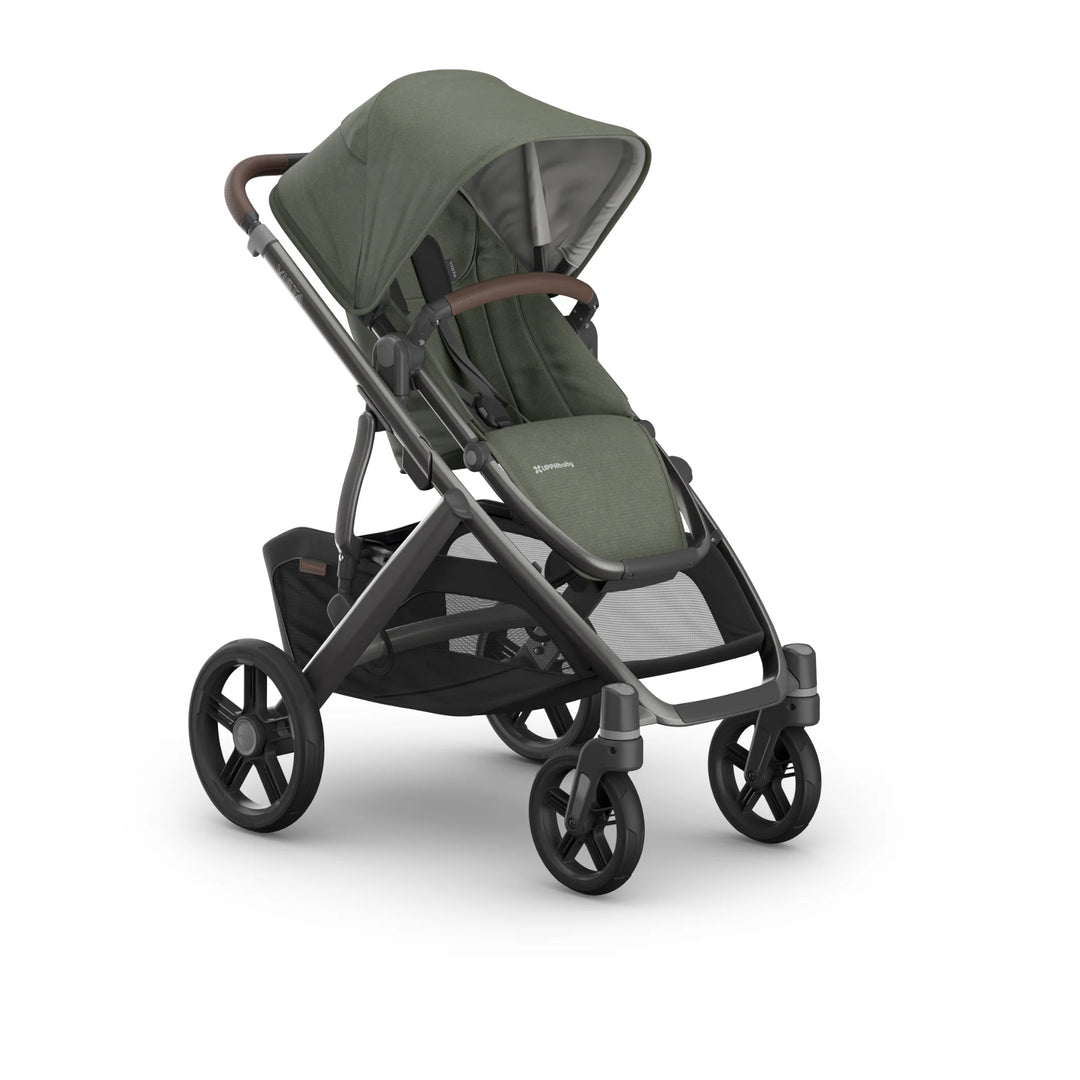 Front-angled view of the UPPAbaby Vista V3 stroller in the Evelyn colourway, featuring an extended UPF sun canopy, premium leather bumper bar, padded toddler seat, durable all-terrain wheels and an oversized under-seat storage basket. Luxury modular pushchair displayed on a clean white background.