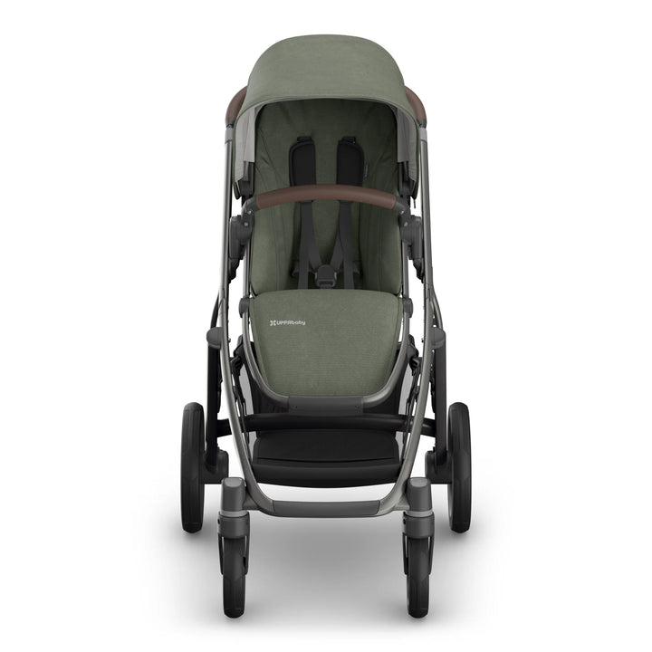 Front-facing view of the UPPAbaby Vista V3 stroller in the Evelyn colourway, showing the padded toddler seat, five-point safety harness, leather bumper bar, extended UPF sun canopy, durable all-terrain wheels and spacious under-seat storage basket. Premium modular pushchair displayed on a clean white background.