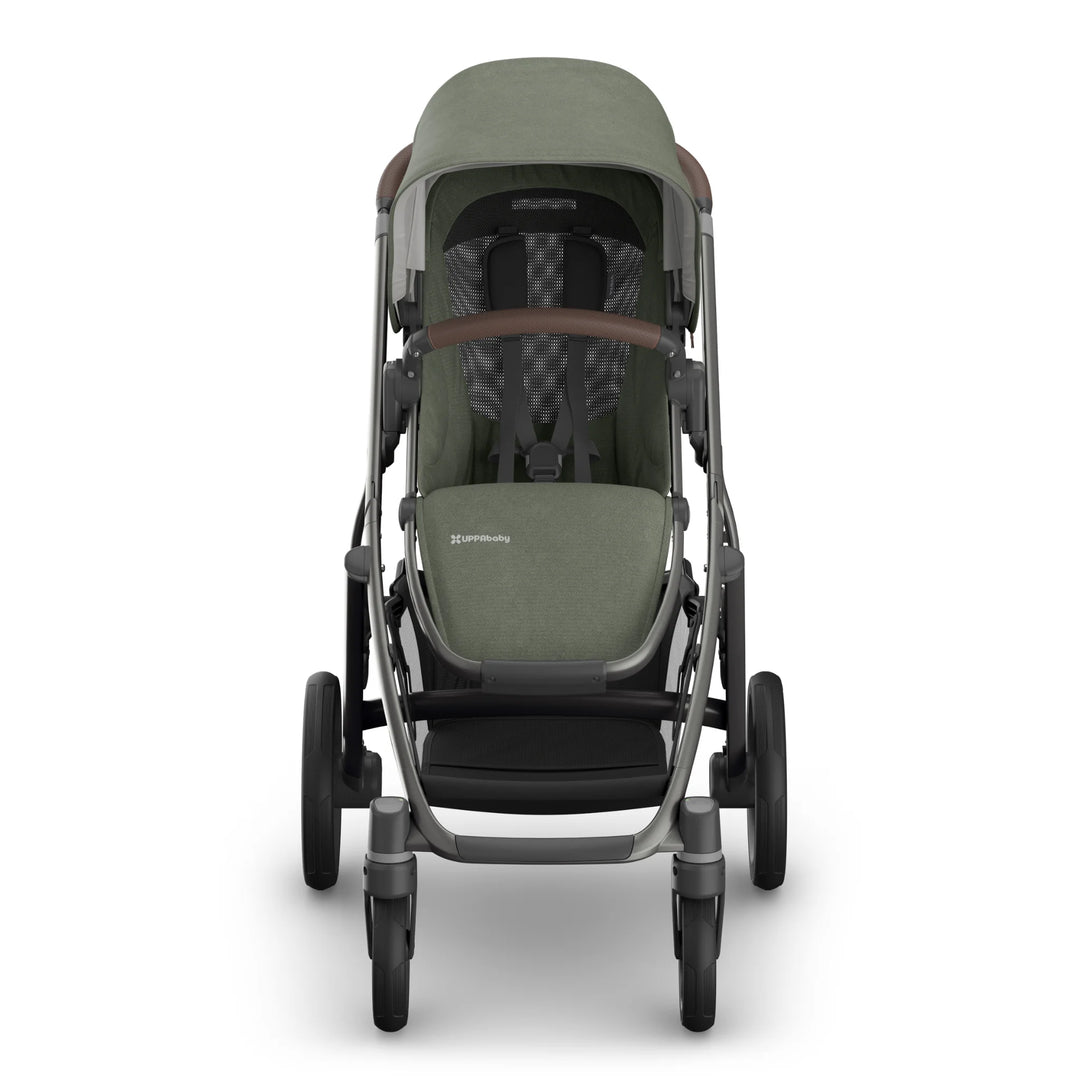 Front view of the UPPAbaby Vista V3 stroller in the Evelyn colourway, showcasing the padded toddler seat, five-point safety harness, leather bumper bar, extended UPF sun canopy, durable all-terrain wheels and spacious under-seat storage basket. Premium modular pushchair design displayed on a clean white background.