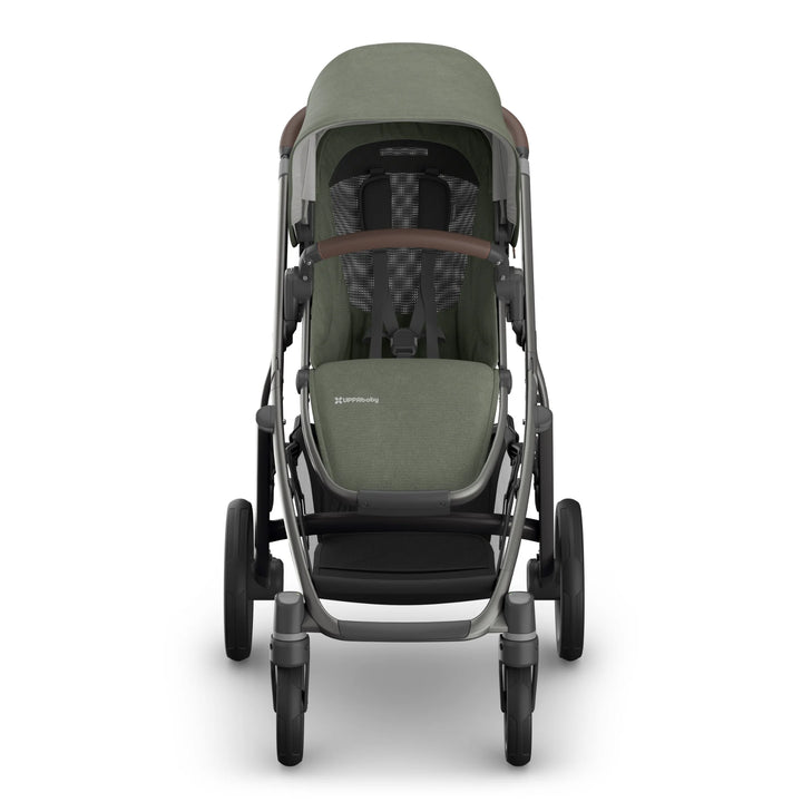Front view of the UPPAbaby Vista V3 stroller in the Evelyn colourway, showcasing the padded toddler seat, five-point safety harness, leather bumper bar, extended UPF sun canopy, durable all-terrain wheels and spacious under-seat storage basket. Premium modular pushchair design displayed on a clean white background.