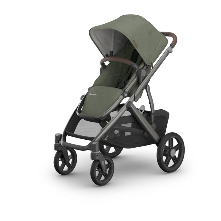 “Front-angled view of the UPPAbaby Vista V3 stroller in the Evelyn colourway, featuring an extendable UPF sun canopy, premium full-grain leather handlebar, padded toddler seat and durable all-terrain wheels. Luxury modular pushchair design with extra-large storage basket, displayed on a clean white background