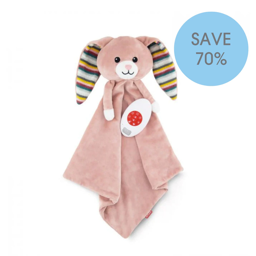 ZAZU Becky bunny comforter with built-in sound machine, pink plush with striped ears.