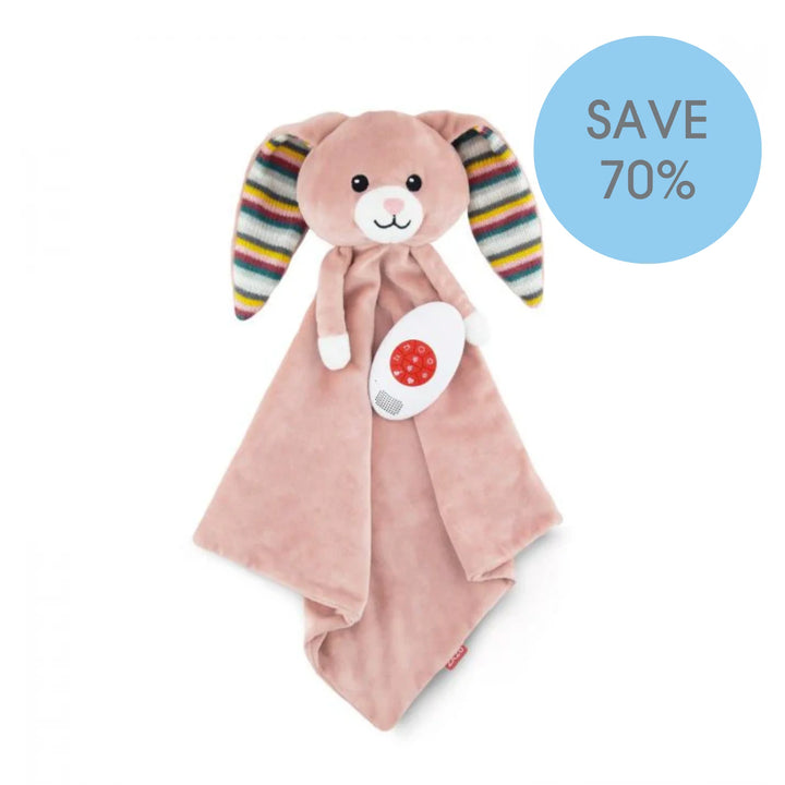 ZAZU Becky bunny comforter with built-in sound machine, pink plush with striped ears.