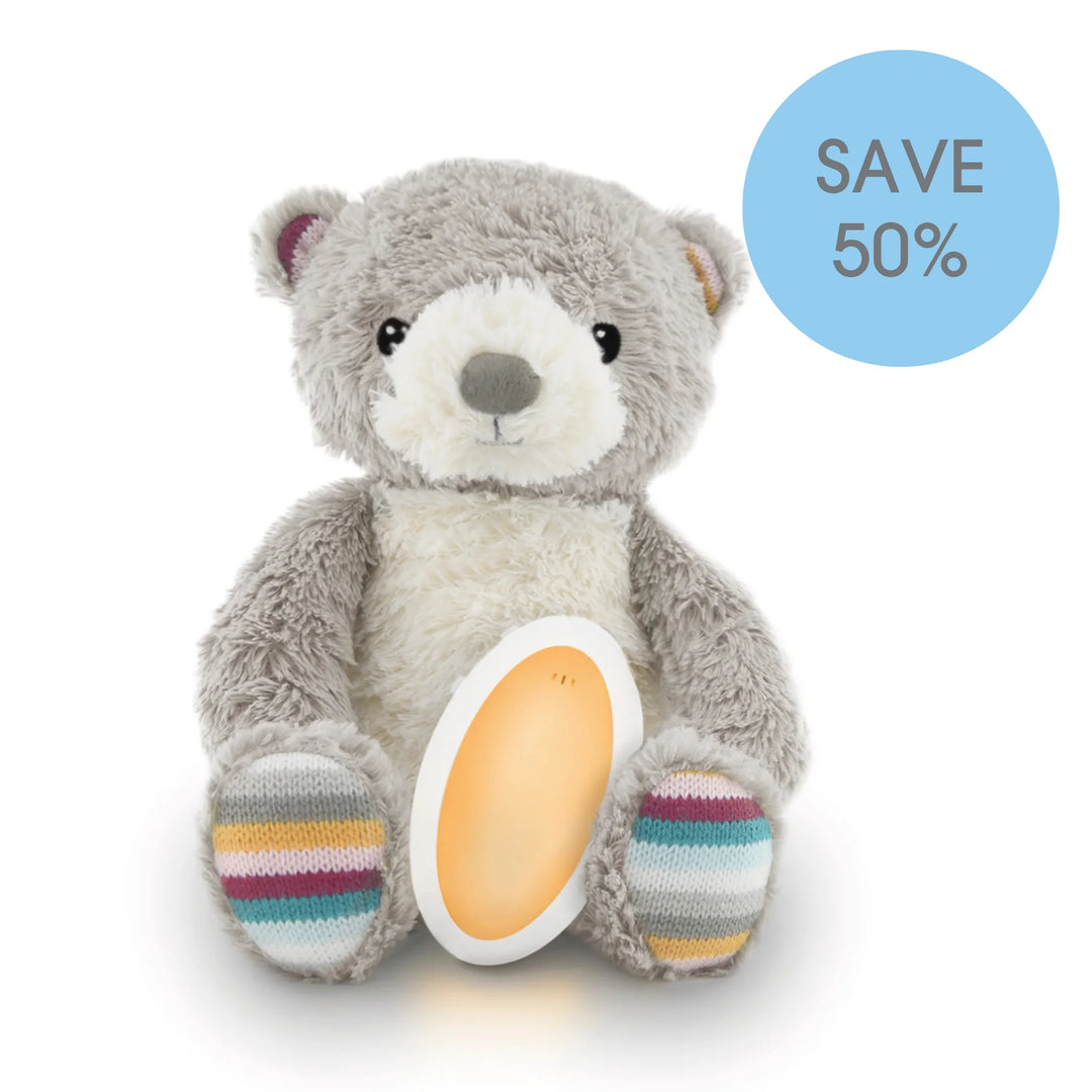 ZAZU Bruno the Bear baby soother plush with removable sound module, grey teddy bear with striped paws.
