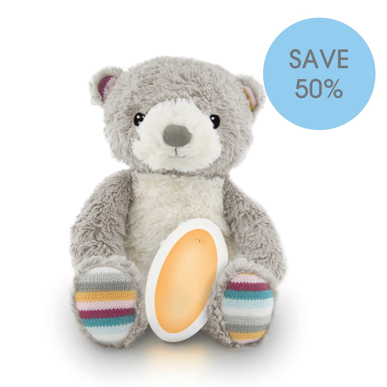ZAZU Bruno the Bear baby soother plush with removable sound module, grey teddy bear with striped paws.