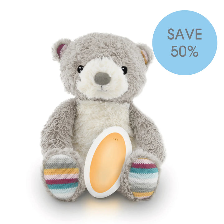 ZAZU Bruno the Bear baby soother plush with removable sound module, grey teddy bear with striped paws.