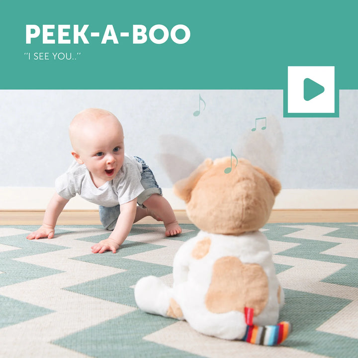Baby playing peek-a-boo with a plush toy on a patterned rug.