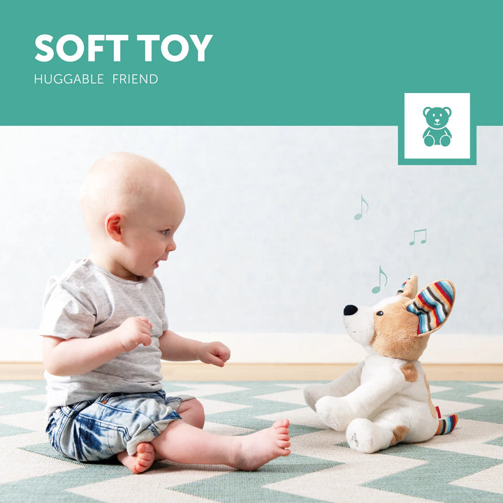 Child playing with a soft toy on a checkered floor with a green banner at the top.