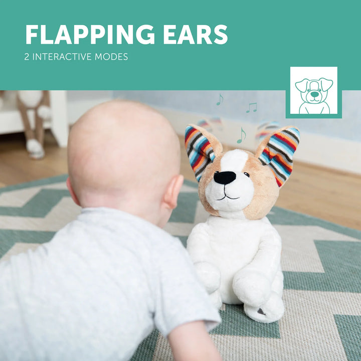 Child playing with a plush toy dog with flapping ears on a rug.