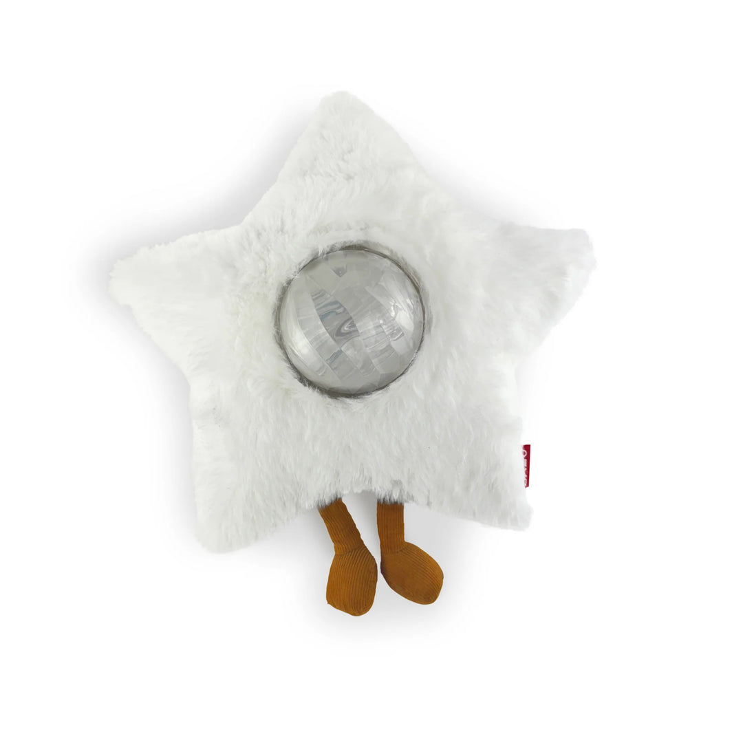 ZAZU Gaia star projector plush toy night light, white soft cuddly star with built-in projector lens and brown feet on a white background.