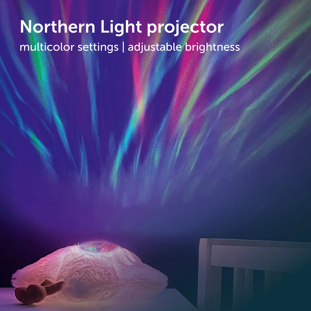 Northern light projector creating colorful light display on a wall with text indicating multicolor settings and adjustable brightness.