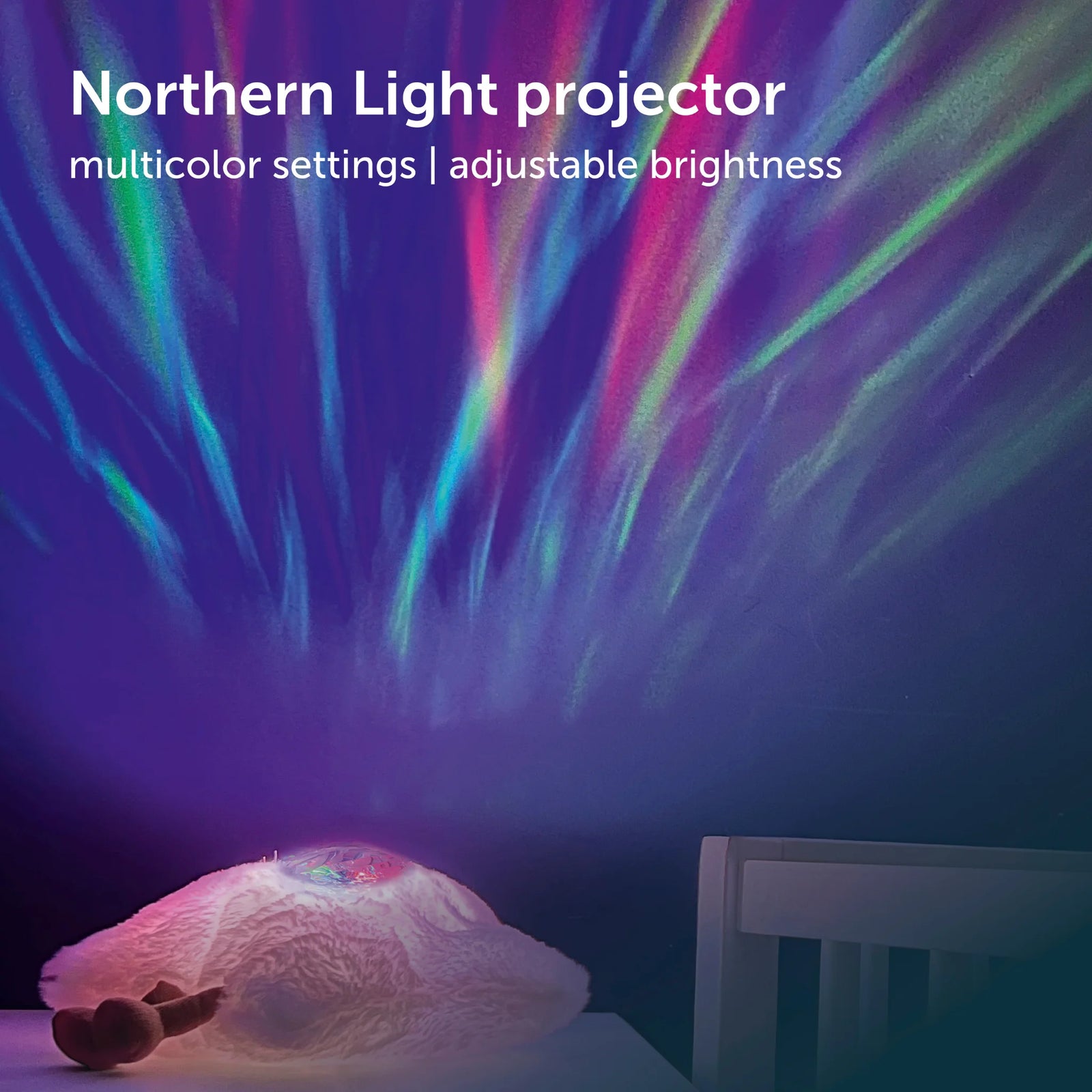 Northern light projector creating colorful light display on a wall with text indicating multicolor settings and adjustable brightness.